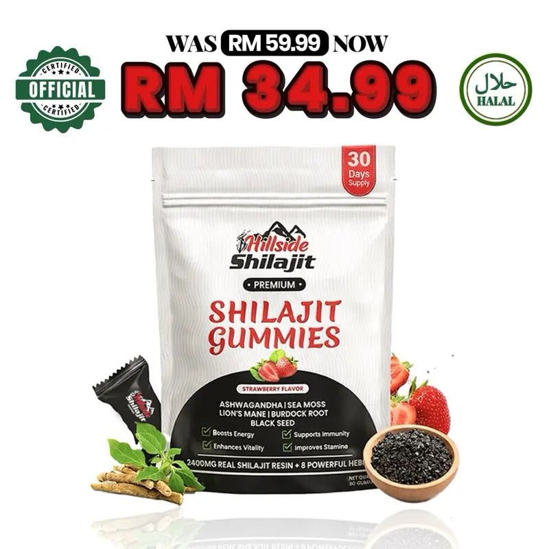 Shilajit Premium Gummies Rasa Strawberi dengan Ashwagandha